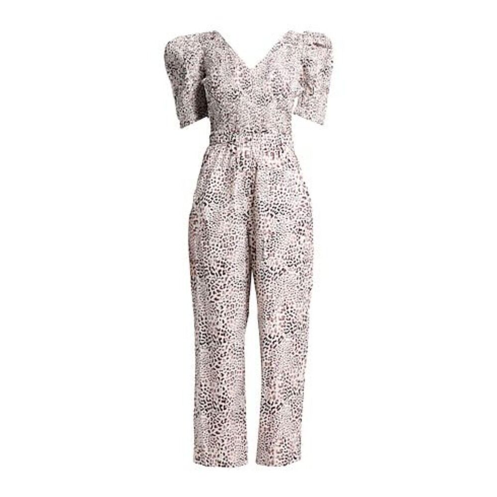 Sea New York Calla Cheetah Smocked V-Neck Jumpsuit, size 6
